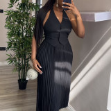 Women Summer Solid Halter Neck Vest And Skirt Casual Two-piece Set