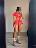 Women Short Sleeve Crop Top and Mini Skirt Two-piece Set (include Underwear ）