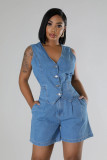 Women Summer Casual Denim Sleeveless Top and Shorts Two-piece Set