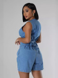 Women Summer Casual Denim Sleeveless Top and Shorts Two-piece Set