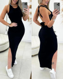 Women Halter Neck Big Backless Lace-Up Ribbed Maxi Dress