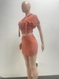 Women Fashion Short Sleeve Patchwork Pocket Top and Skrit Two-piece Set