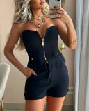 Women Strapless Zipper Top and Shorts Two-piece Set