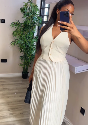 Women Summer Solid Halter Neck Vest And Skirt Casual Two-piece Set