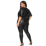 Plus Size Women Fall Loose Pu Leather Casual Top and Pant Two-piece Set