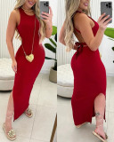 Women Halter Neck Big Backless Lace-Up Ribbed Maxi Dress