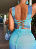 Women's Summer Fashion Printed Mesh Sexy Strap Vest Skirt Two Piece Set