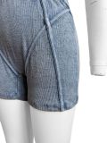Women's Turndown Collar Deep V Short Sleeve Cotton Ribbed Top Shorts Two Piece Set