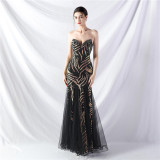 Sequin Mesh Patchwork Strapless Mermaid Evening Dress