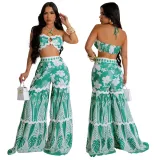 Printed Halter Strapless Top Loose Wide Leg Pants Two-Piece Set