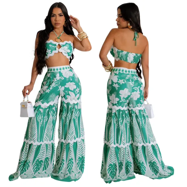 Printed Halter Strapless Top Loose Wide Leg Pants Two-Piece Set