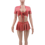Women Short Sleeve Crop Top and Mini Skirt Two-piece Set (include Underwear ）