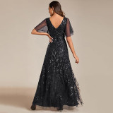 Elegant Embroidered Sequined Prom Dress Ruffle Sleeve Fishtail Long Evening Dress