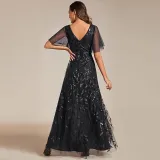 Elegant Embroidered Sequined Prom Dress Ruffle Sleeve Fishtail Long Evening Dress