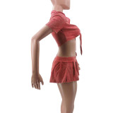 Women Short Sleeve Crop Top and Mini Skirt Two-piece Set (include Underwear ）