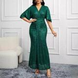 Solid Color Sequin V-Neck Half-Sleeve Women's Formal Party Evening Dress