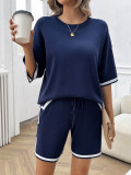 Women Round Neck Chic Casual Sweater Top and Shorts Two-piece Set