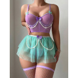 Sexy Lingerie Strap Mesh Top Short Skirt Thong Three-Piece Outfit