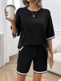 Women Round Neck Chic Casual Sweater Top and Shorts Two-piece Set