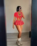 Women Short Sleeve Crop Top and Mini Skirt Two-piece Set (include Underwear ）