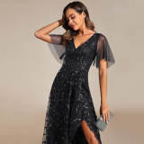 Elegant Embroidered Sequined Prom Dress Ruffle Sleeve Fishtail Long Evening Dress