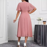 Solid Color V-Neck Short Sleeve Elegant Slim Chiffon Women's Dress