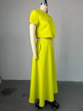 Women Summer Chic Round Neck Short Sleeve Top and Button Skirt Two-piece Set