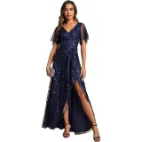Elegant Embroidered Sequined Prom Dress Ruffle Sleeve Fishtail Long Evening Dress