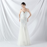 Sequin Mesh Patchwork Strapless Mermaid Evening Dress