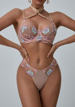 Summer Women's Sexy Flower Embroidery Bikini Lingerie Set