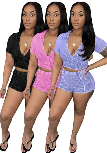 Women's Turndown Collar Deep V Short Sleeve Cotton Ribbed Top Shorts Two Piece Set