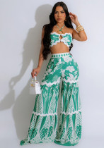 Printed Halter Strapless Top Loose Wide Leg Pants Two-Piece Set