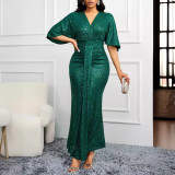 Solid Color Sequin V-Neck Half-Sleeve Women's Formal Party Evening Dress