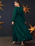 Fashion Solid Color V-Neck Long Sleeve Pleated Plus Size Dress