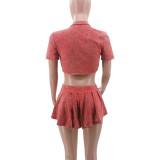 Women Short Sleeve Crop Top and Mini Skirt Two-piece Set (include Underwear ）