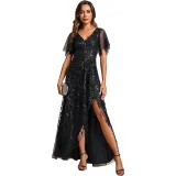 Elegant Embroidered Sequined Prom Dress Ruffle Sleeve Fishtail Long Evening Dress