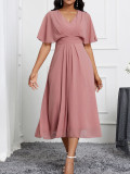 Solid Color V-Neck Short Sleeve Elegant Slim Chiffon Women's Dress