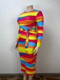 Plus Size Women Popular Multi-Color Striped Bodycon Dress