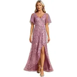 Elegant Embroidered Sequined Prom Dress Ruffle Sleeve Fishtail Long Evening Dress
