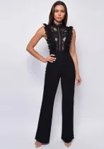 Women's High Neck Fashion Sleeveless Lace Patchwork Straight Leg Women's Jumpsuit