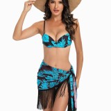 Fashion Sexy Low Back Two Pieces Bikini Tassels Cover Up Three-Piece Swimsuit