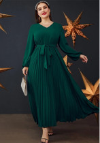 Fashion Solid Color V-Neck Long Sleeve Pleated Plus Size Dress