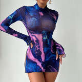 Sexy Women's Printed See-Through Mesh High Collar Slit Dress Thong Set