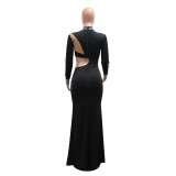 Fashionable Solid Color Beaded Long Sleeve High Slit Evening Dress For Women