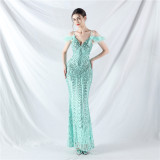Strap V-Neck Feather Formal Party Evening Dress