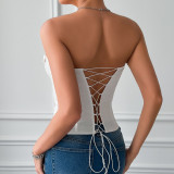 Satin Lace-Up Solid Color Strapless Fishbone Vest Top