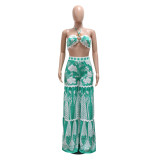Printed Halter Strapless Top Loose Wide Leg Pants Two-Piece Set