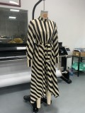 Fashionable And Elegant Long-Sleeved Striped Long Dress