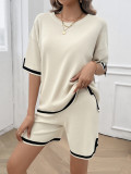 Women Round Neck Chic Casual Sweater Top and Shorts Two-piece Set