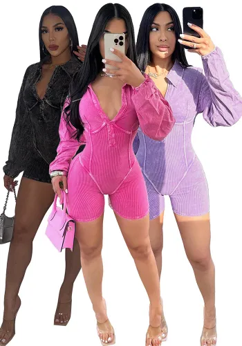Women's Turndown Collar Deep V Tight Fitting Long Sleeve Jumpsuit